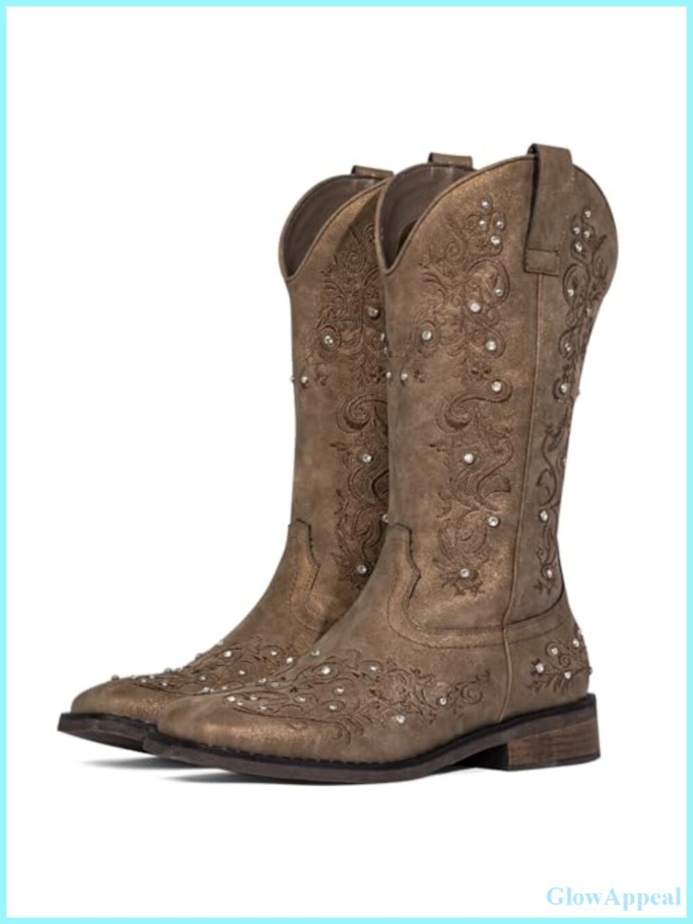 Rhinestone Western Cowgirl Boots Faux Leather Square Toe Mid-Calf